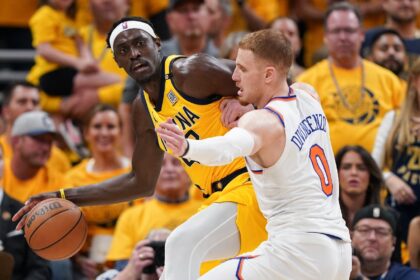 Indiana's Pascal Siakam drives against Donte DiVincenzo in the Pacers' series-tying victor