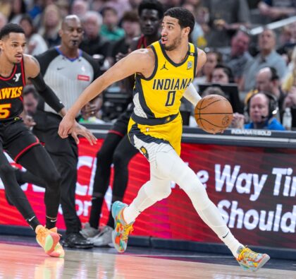 Indiana's Tyrese Haliburton brings the ball up court in the Pacers' blow-out victory over