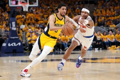 Indiana's Tyrese Haliburton drives past Miles McBride in the Pacers' series-clinching vict