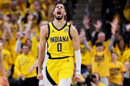 Indiana's Tyrese Haliburton reacts after making a three-pointer in the Pacers' victory ove
