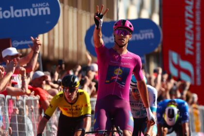 Italian sprinter Jonathan Milan celebrates his third stage win of this year's Giro d'Itali