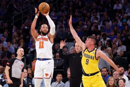 Jalen Brunson shoots over Indiana's T.J. McConnell in the Knicks' 121-117 playoff win on M