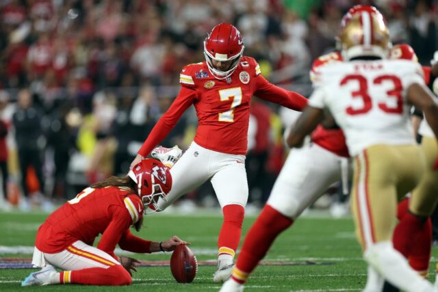 Kicker Harrison Butker in action for the Kansas City Chiefs in February's Super Bowl