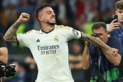 Late show: Joselu celebrates after his two late goals gave Real Madrid victory over Bayern