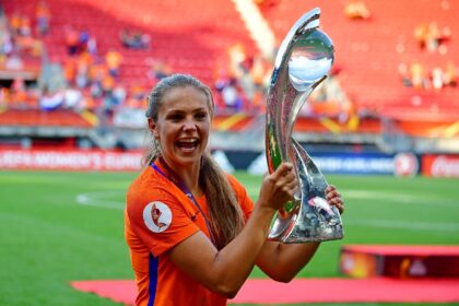 Lieke Martens holds the trophy after the Netherlands won Euro-2017