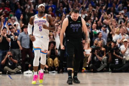 Luka Doncic of the Dallas Mavericks reacts during the fourth quarter of a series-clinching