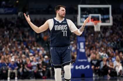 Luka Doncic of the Dallas Mavericks reacts during the Mavs' loss to the Los Angeles Clippe