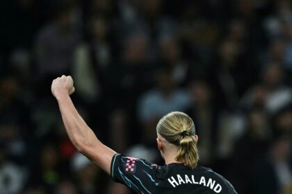 Manchester City forward Erling Haaland celebrates after scoring against Tottenham