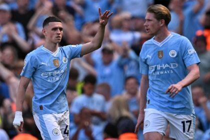 On the way: Manchester City's Phil Foden celebrates his second goal against West Ham at th