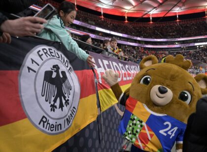 The mascot for the upcoming Euro 2024 Albaert greets fans.