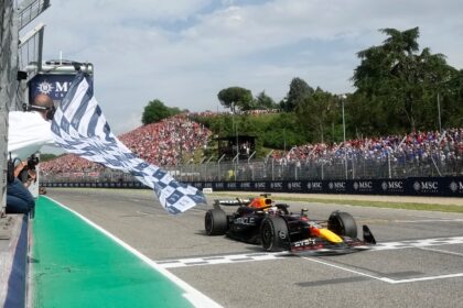 Max Verstappen crosses the finish line to win the Emilia Romagna Grand Prix