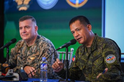 Philippine and US military officials speak at a news conference after the closing ceremony