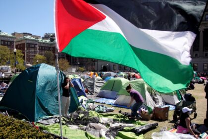 Pro-Palestinian protesters are seen at the now-dismantled encampment at Columbia Universit