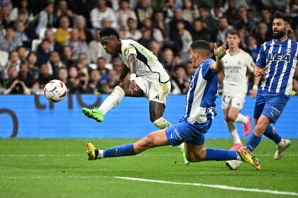Real Madrid's Brazilian forward Vinicius Junior smashing home his second goal against Alav