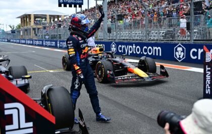 Red Bull's Max Verstappen waves to fans after winning the sprint race at the Miami Grand P