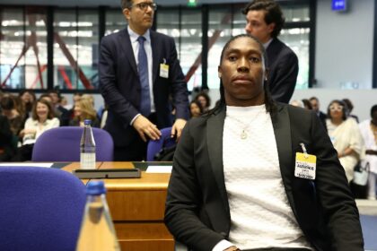 South Africa’s double Olympic champion Caster Semenya looks on as she sits for the start