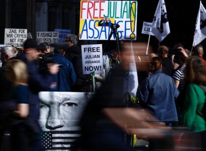 Supporters of Julian Assange have gathered outside the court in central London