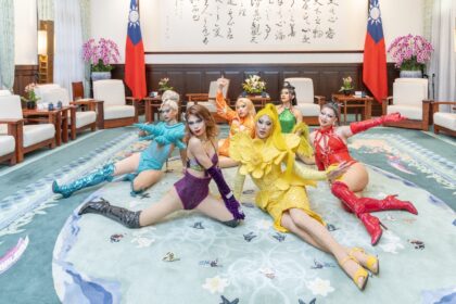 Taiwanese drag queen Nymphia Wind, in yellow, and her team performed at the island's presi