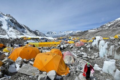 Tents of mountaineers are pictured at the Everest base camp in the Mount Everest region of