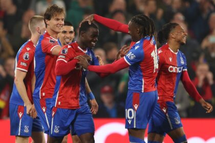 Tyrick Mitchell (centre) scored in Crystal Palace's 4-0 thrashing of Manchester United