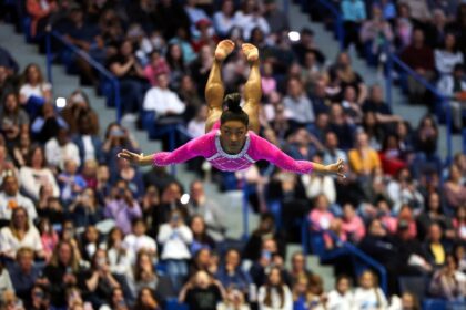 US gymnast Simone Biles competes in the floor exercise at the Core Hydration Classic in Co