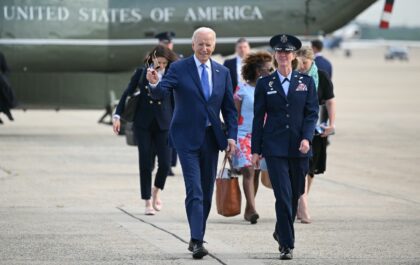 US President Joe Biden is seen at Joint Base Andrews in Maryland on May 8, 2024