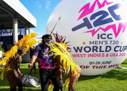West Indies great Chris Gayle performs with dancers at a ceremony in February to mark 100