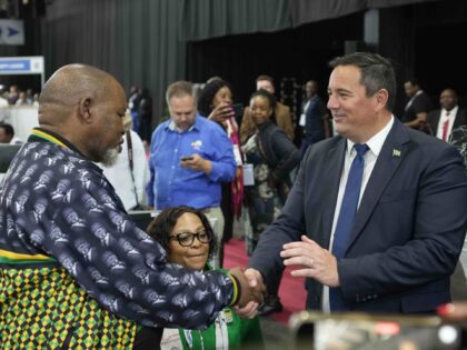 Leader of the main opposition Democratic Alliance John Steenhuisen, right, shakes hands wi