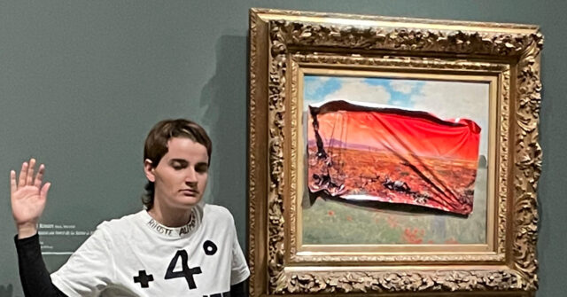 Climate Radical Plasters 'Apocalypse' Poster on Top of Monet Painting