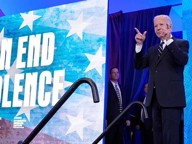 President Joe Biden gestures after speaking to Everytown for Gun Safety Action Fund's "Gun
