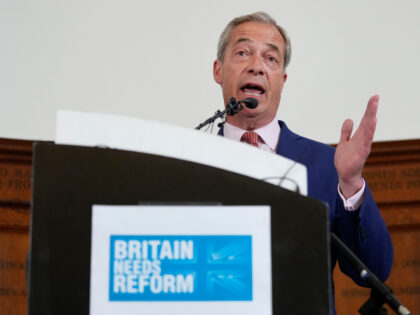 Nigel Farage leader of Britain's Reform Party, speaks during a press conference in Westmin