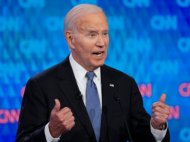 President Joe Biden speaks during a presidential debate with Republican presidential candi