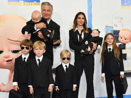 US actor Alec Baldwin (L), wife Hilaria Baldwin (R) and their children attend DreamWorks A
