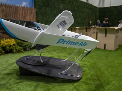 The Amazon Prime Air MK27-2 drone on display in the Neighborhood of the Near Future exhibi