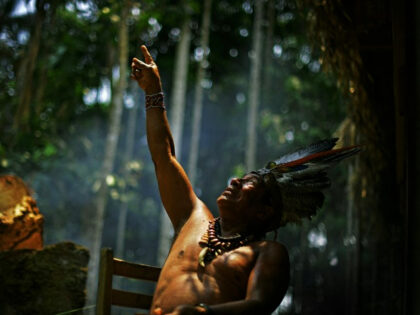 Chief Marcelino Apurina, of the Aldeia Novo Paraiso gestures as he speaks in the Western A