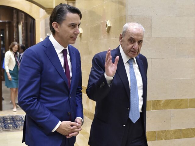 US special envoy Amos Hochstein (L) meets with Lebanon's Parliament Speaker Nabih Ber