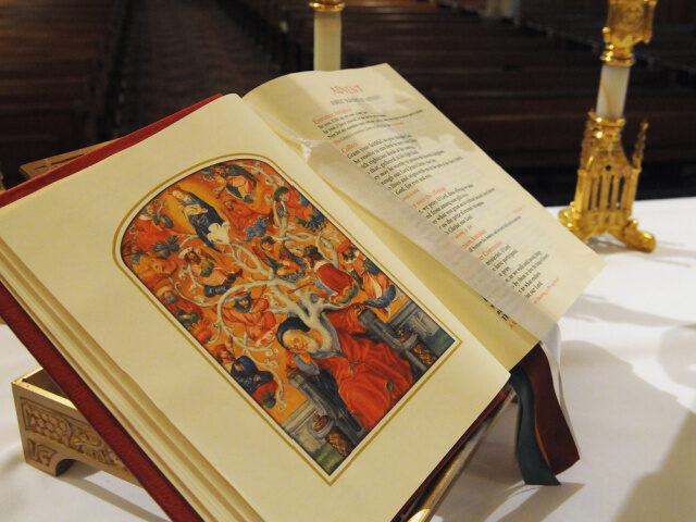 A new translation of the Roman Missal sits on the altar after the Catholic Mass Sunday, No