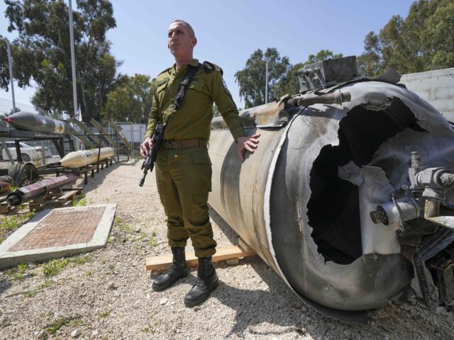 Israeli military spokesperson, Rear Adm. Daniel Hagari, display to the media one of the Ir