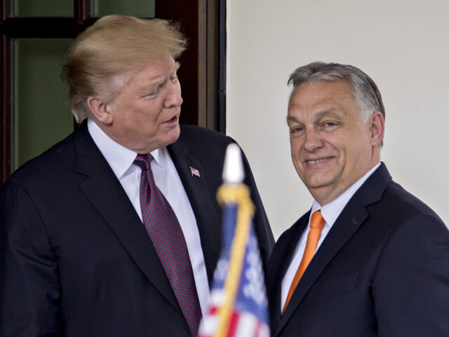 U.S. President Donald Trump, left, greets Viktor Orban, Hungary's prime minister, at the W