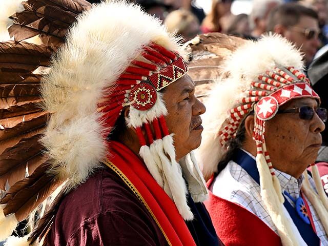 Northern Cheyenne tribal chiefs Anthony Spottedwolf, left, and his father Patrick Spottedw