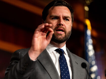 Sen. JD Vance (R-OH) gestures while speaking during a news conference on Capitol Hill on May 22, 20