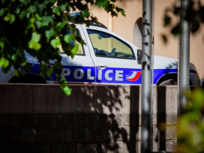 A police car is parked in front of the police station, France, Hautes-Alpes, Gap, May 25,