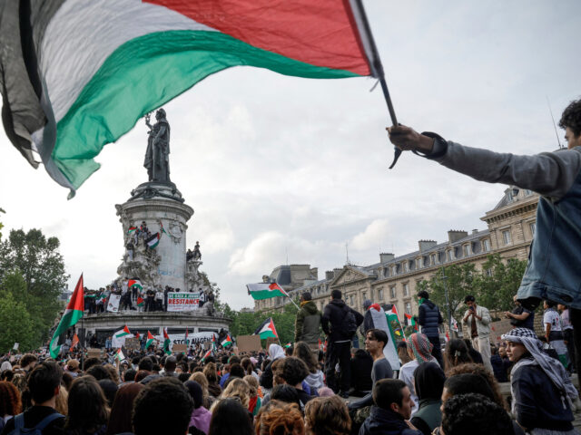 A person waves a Palestinian flag during a gathering at Republic square in Paris on May 28