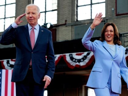 US President Joe Biden, left, and Vice President Kamala Harris arrive for a campaign event