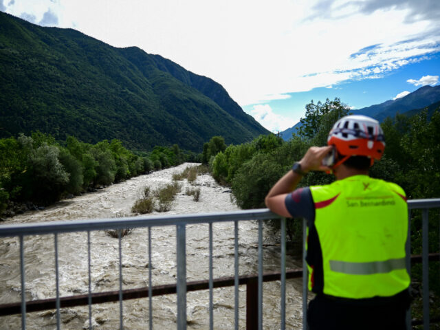 This grab made from an AFP video on June 22, 2024 shows the Visp River in flood in Zermatt
