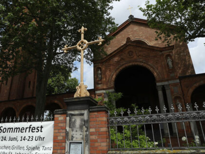 BERLIN, GERMANY - JUNE 16: A cross stands outside the St. Johanneskirche church, which is
