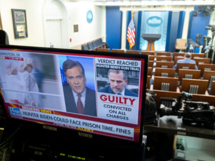 A television monitor shows the verdict in the Hunter Biden trial in the Brady Press Briefi