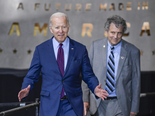 U.S. President Joe Biden, left, and Senator Sherrod Brown, a Democrat from Ohio, arrive at