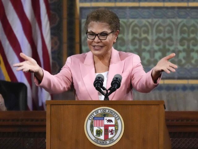 Los Angeles Mayor Karen Bass delivers her State of the City address from City Hall in Los