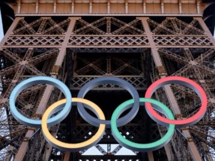 The Olympic rings are seen on the Eiffel Tower on June 7, 2024, ahead the upcoming Paris 2
